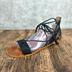 Madewell Bridget Tassel Lace Up Leather Gladiator Sandals 10 Black Suede Studded